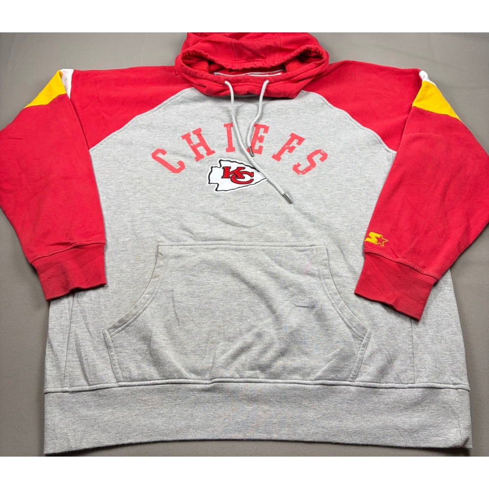 Kansas City Chiefs Starter Hoodie Mens XXL Grey Red Raglan Pullover Sweatshirt